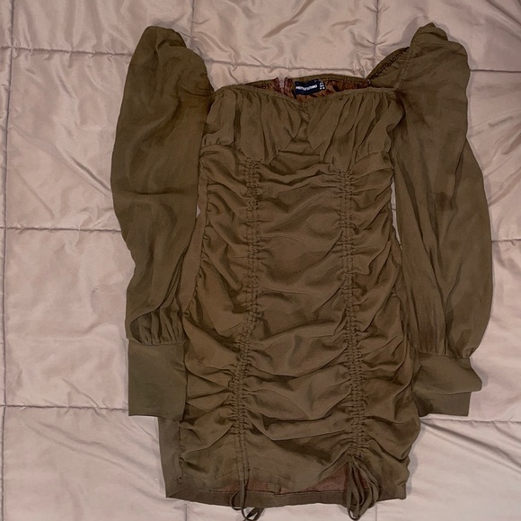 Taupe Chiffon Long Sleeve Ruched Skirt Bodycon Dress - Picture 5 of 5